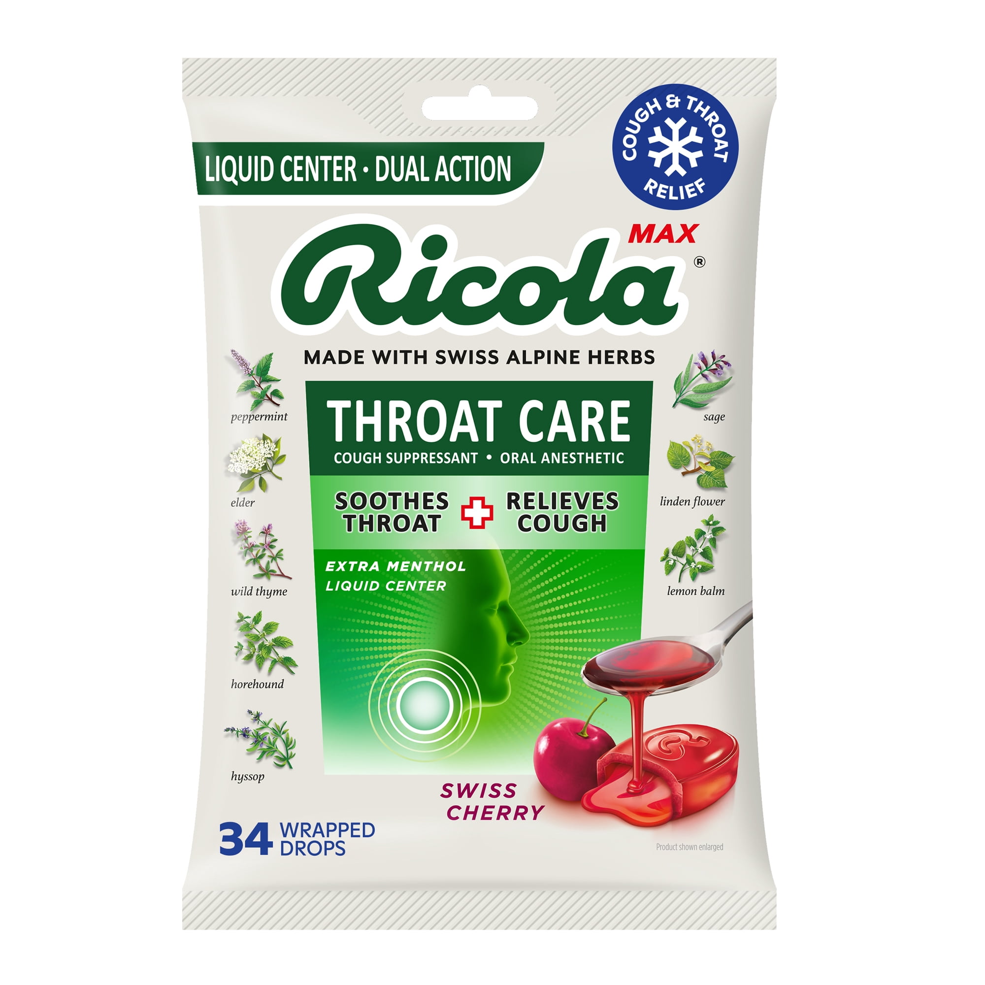 Ricola Max Throat Care Swiss Cherry Cough Drops for Sore Throat + Cough Relief, 34 Count