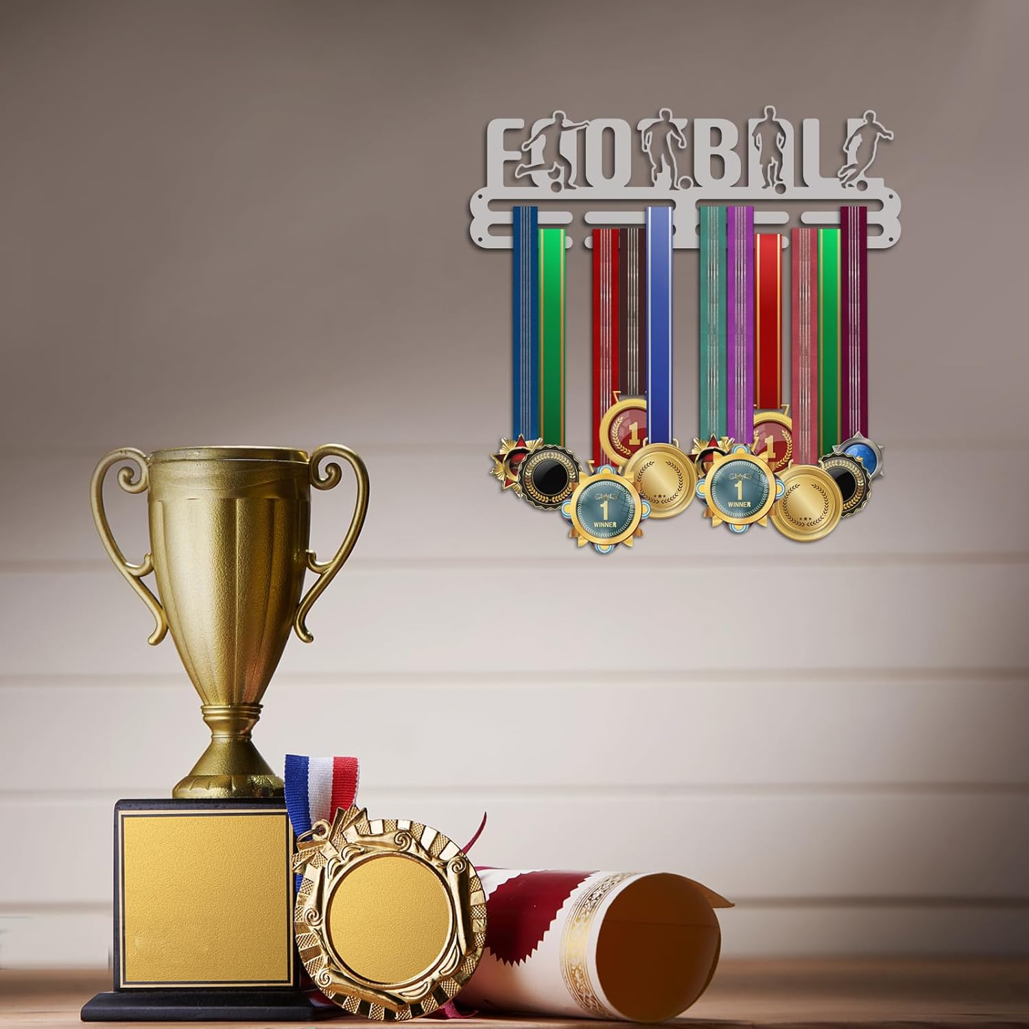 Football Medal Hanger Display Sports Medal Holders Soccer Medal Holder Solid Wall Mounted Medal Display Rack Wall Mount Tiered Award Rack for Over 60 Medals Athletes Football Players DIY
