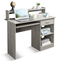Ktaxon Gaming Desk with Keybroad Tray&Drawers, Computer Desk with Desktop Storage Rack& Adjustable Shelf Cabinet for Home Office, Gray