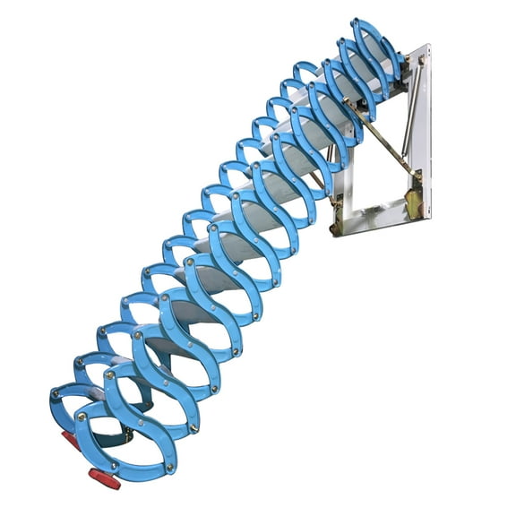11.5ft Folding Attic Ladder Wall-Mounted Loft Stairs Retractable Extension Loft Ladderwith Armrests and Pull Rod 14 Pedals 31.4*23.6 Inch Frame Al-Mg Alloy Blue