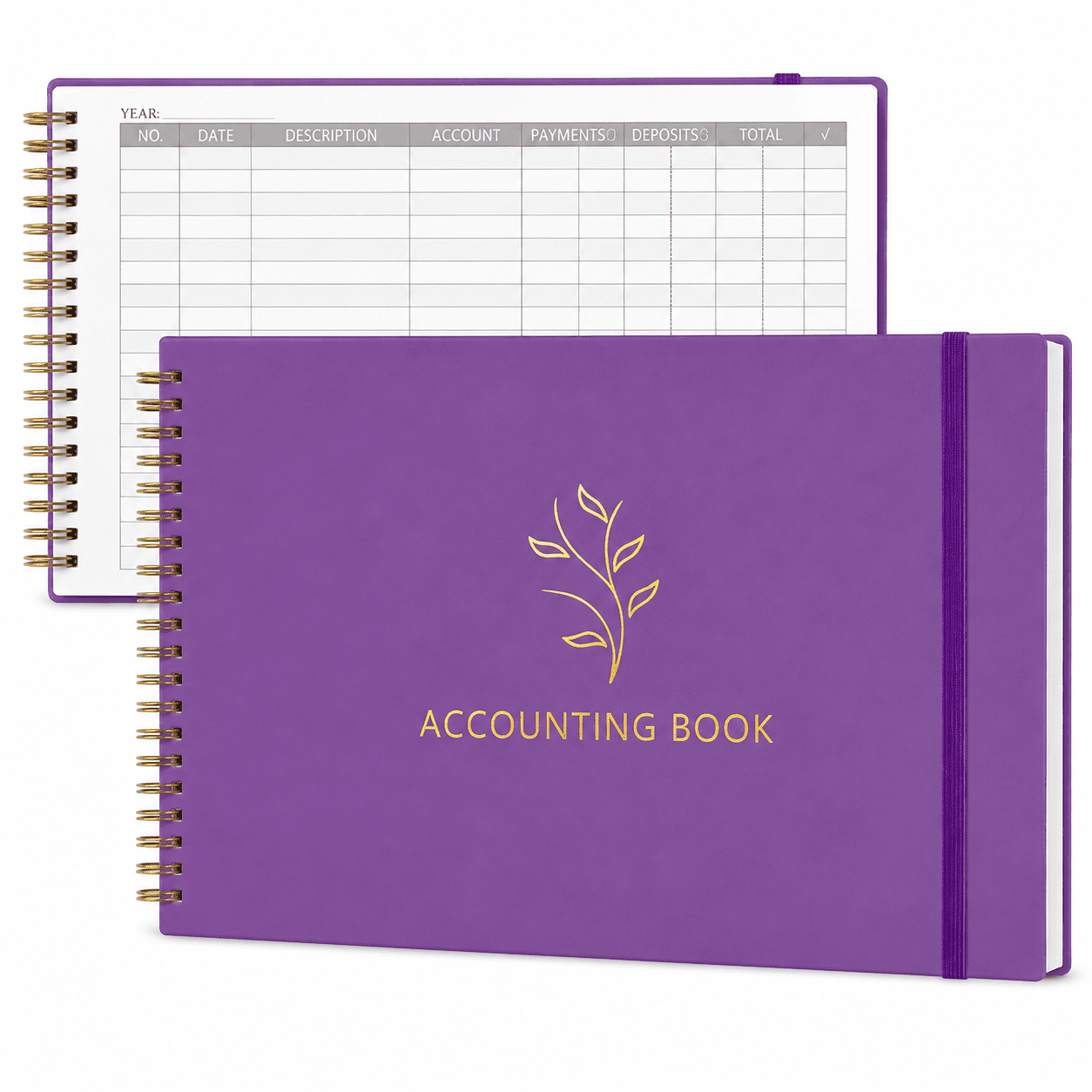 Horizontal Accounting Ledger Book, 3000-Line Income and Expense Tracker with 2 Storage Pockets, 10.2 x 8 in, Dark Purple
