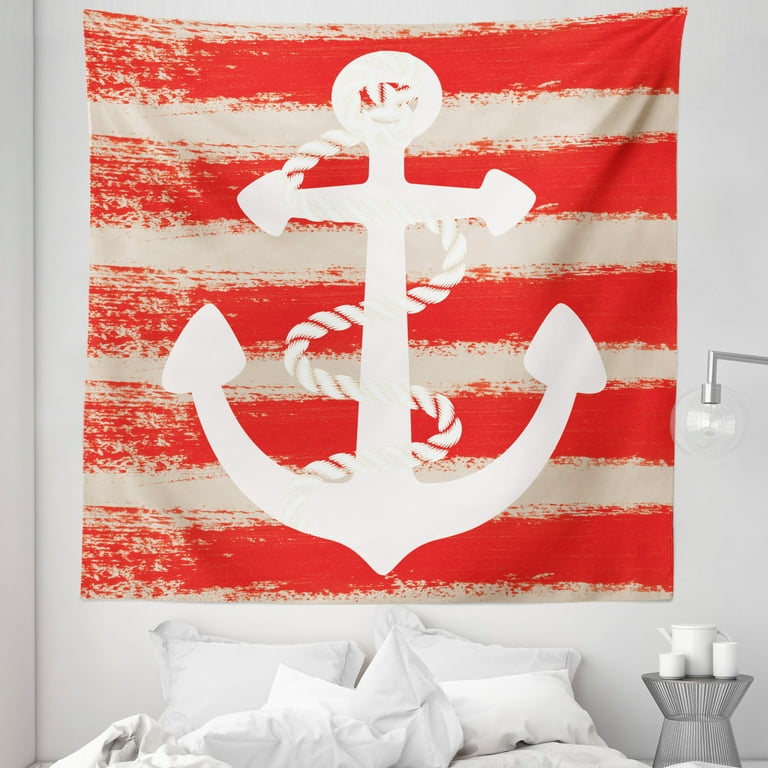 Anchor Tapestry Vintage Seascape Boat with Stripes Art Nautical Print in Warm Colors Fabric Wall Hanging Decor for Bedroom Living Room Dorm 5