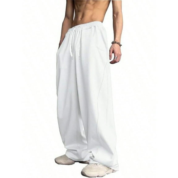 Dresfit Men's Baggy Joggers Open Leg Wide Leg Sweat Pants Loose Drawstring Elastic Waist Workout Sweatpants Open Bottom Fleece Pants with Pockets White 2XL