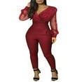 thumbnail image 1 of Combinaison Élégante pour Femmes Scintillant Mesh Transparent Manches Longues V-Cou Pantalon Bodycon Romper Vin Rouge L, 1 of 9