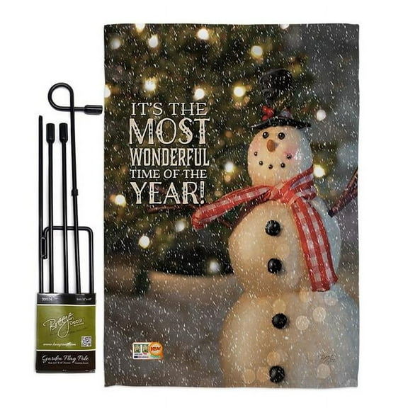Breeze Decor BD-XM-GS-114142-IP-BO-D-US17-AM 13 x 18.5 in. Most Wonderful Time Snowman Winter Christmas Impressions Decorative Vertical Double Sided Garden Flag Set with Banner Pole