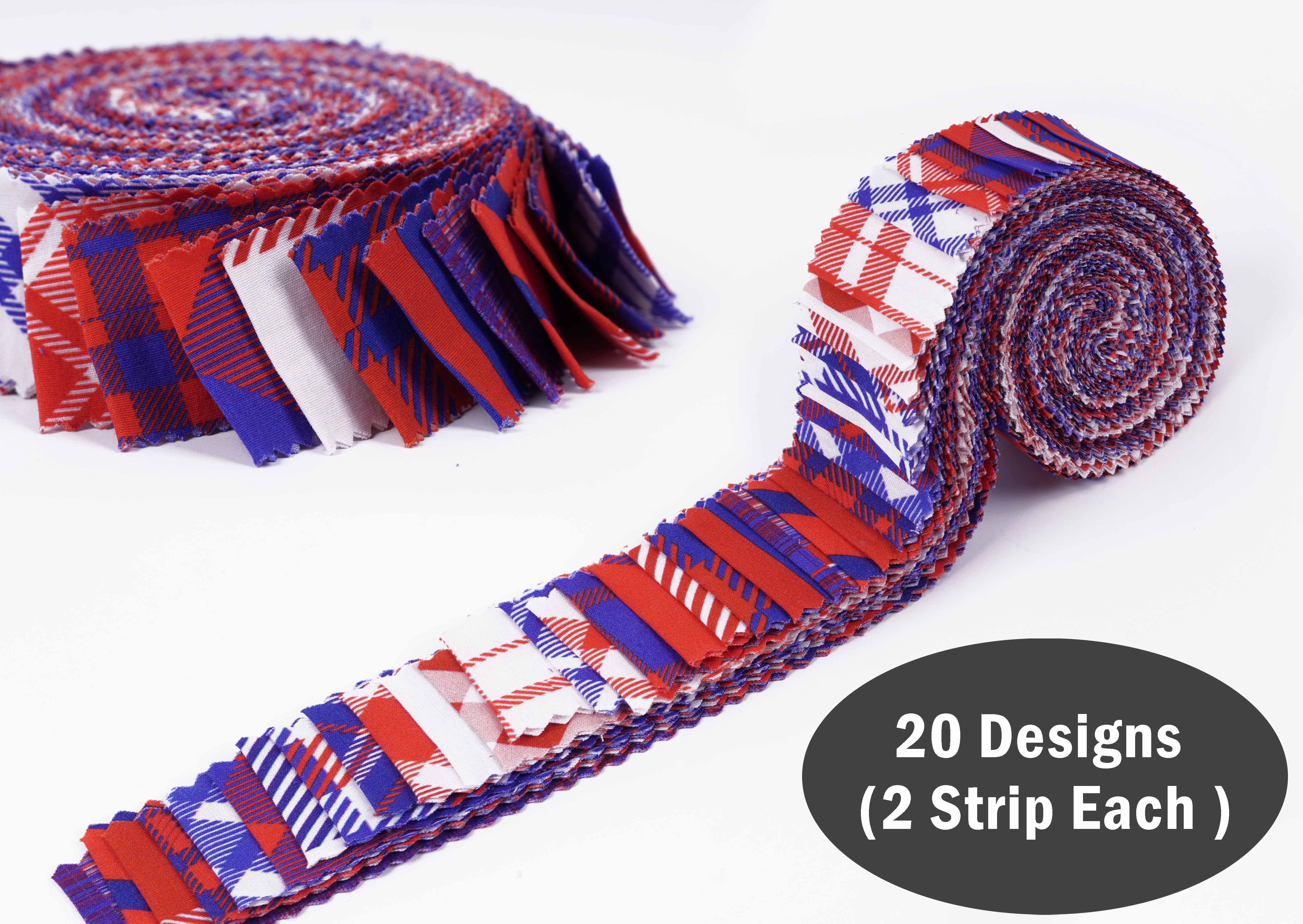 Soimoi 40Pcs Check & Tartan Print Precut Fabrics Strips Roll Up 1.5x42inches Cotton Jelly Rolls For Quilting - Red, Blue & White