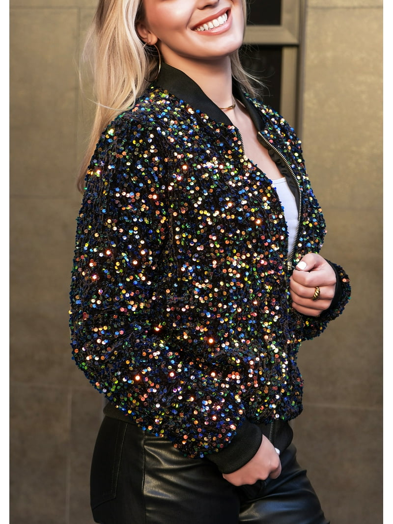 Women's Sparkly Sequin Jacket Glitter Front Zipper Jacket with