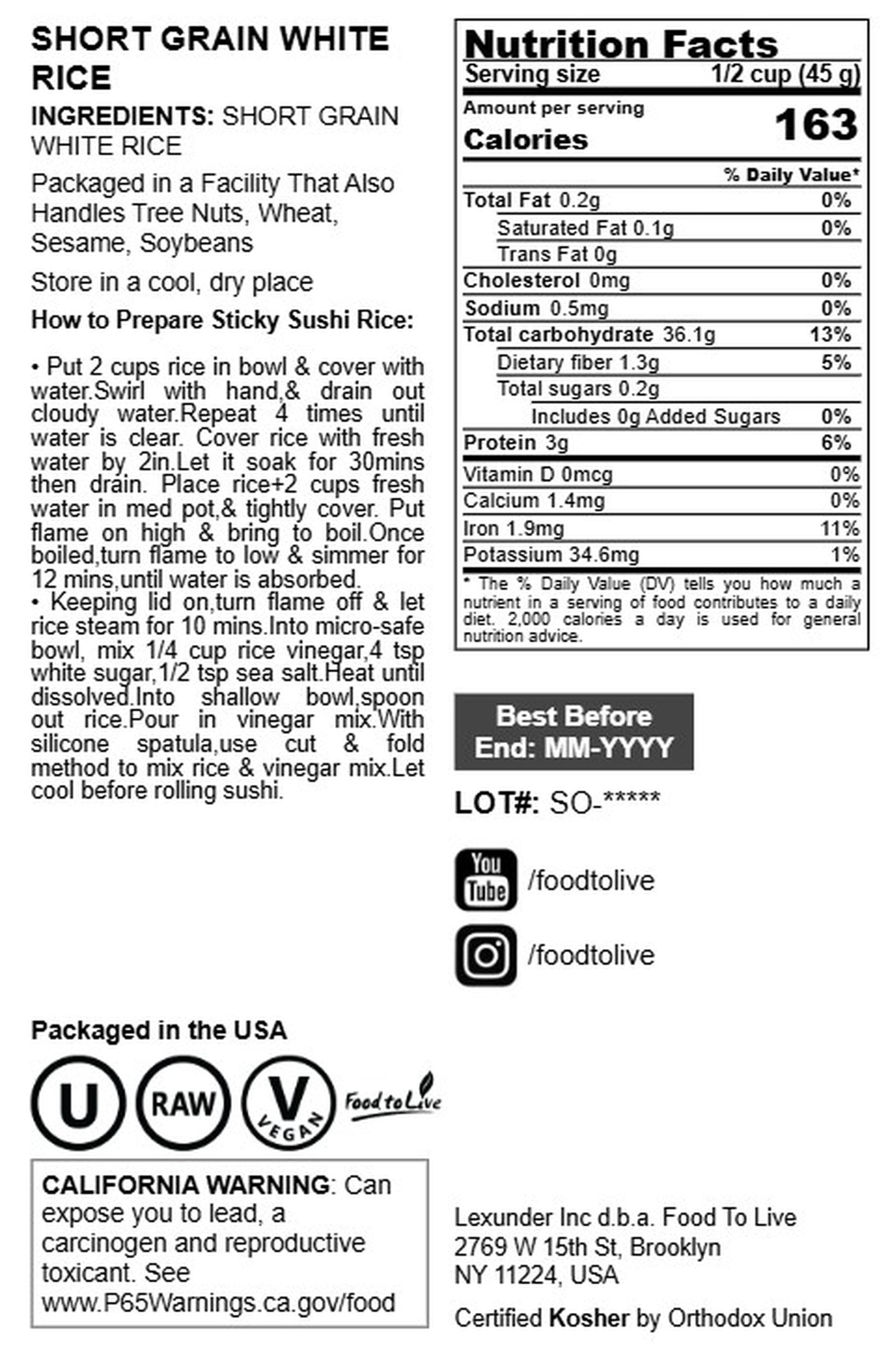 Short Grain White Rice, 6 Pounds — Kosher, Raw, Vegan — by Food to Live