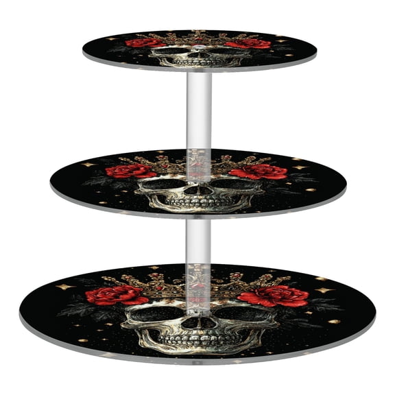 Wobogo Crown Skull Black Pattern 3 Tier Acrylic Cake Stand with Clear Round Hold for Wedding Holiday Birthday Baby Shower Tea Party