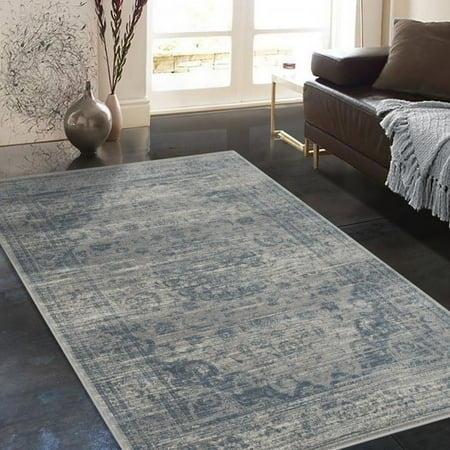 4 X 7 Rug Allstar Rugs Distressed Grey and Ivory Rectangular Accent Area Rug with Steel Blue Persian Design - 4' 11