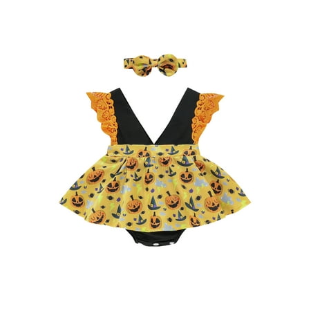 

One opening Baby Girls Pumpkin Printed Hem Flounce Fly Sleeve Romper+Headband