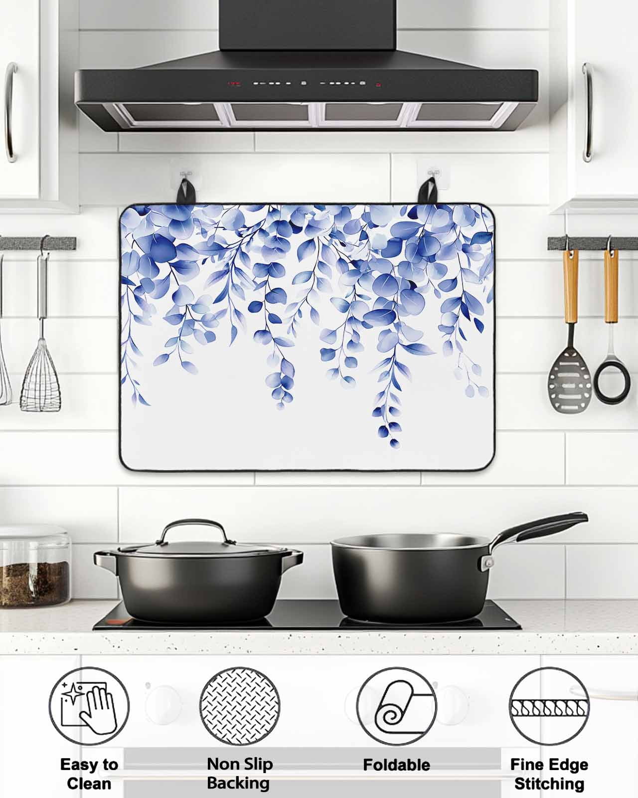 Stove Top Covers for Electric Stove, Blue Eucalyptus Glass Stovetop Cover Protector, Botanical Plant Rustic Succulent Branch Induction Cooktop Protector Oven Mat for Kitchen Countertop 24"x21"