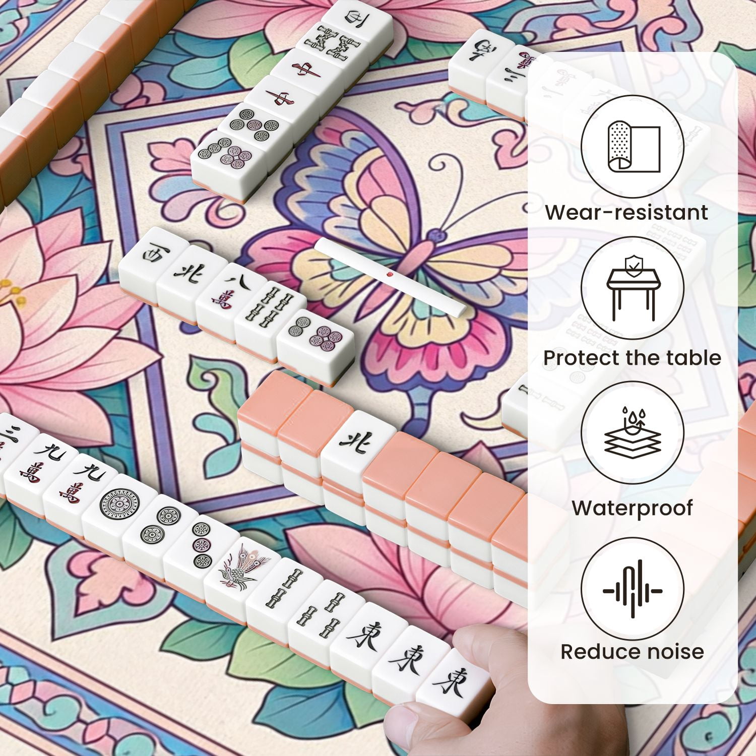 Mahjong Mat 31.5" x 31.5" Pink Lotus Flowers Butterfly Elegant Decorative Style Non-Slip Noise Reduction Mahjong Tiles Table Cover for Dominoes Poker Card Board and Tile Games