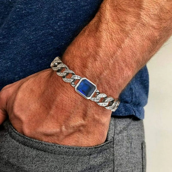 Chunky Cuban Chain Bracelets for Men Boys,Embossed 14K White Gold Chain Link Wristband with Blue Stone,Retro Jewelry Gift
