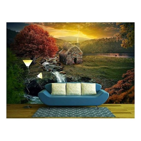 wall26 - Beautiful Nature Scene with Cottage in the Mountains near a Stream. - Removable Wall Mural | Self-adhesive Large Wallpaper - 100x144