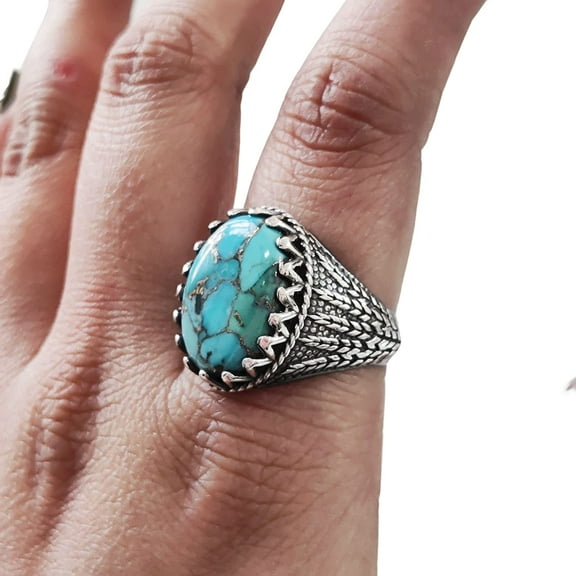 Blue Copper Turquoise Mans Ring, Natural Copper Turquoise Ring, Silver Jewelry, 925 Silver Ring, Birthday Gift, Heavy Mens Ring, Arabic Design, Ottoman Style Ring, Christmas, Turkey Mens Signet Ring