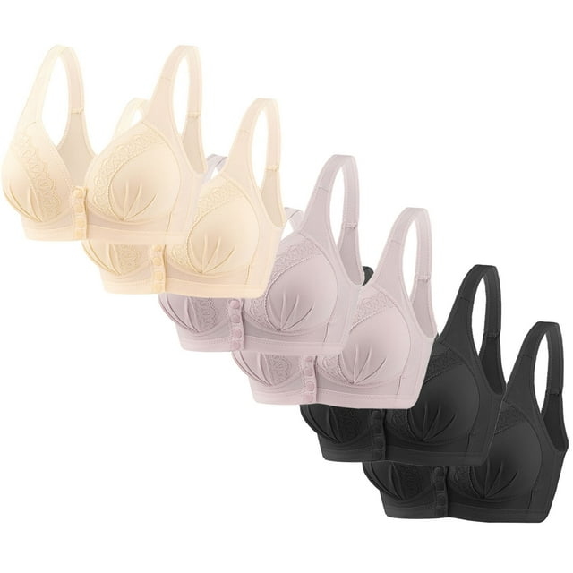 Kyusrd Front Open Bras For Women Button No Steel Ring Lace Pattern Wirefree Closeure Nursing Middle-Aged And Elderly Underwear Solid Color Oversized Push Up Lactation Open Seamless Daily Bra 6Pcs