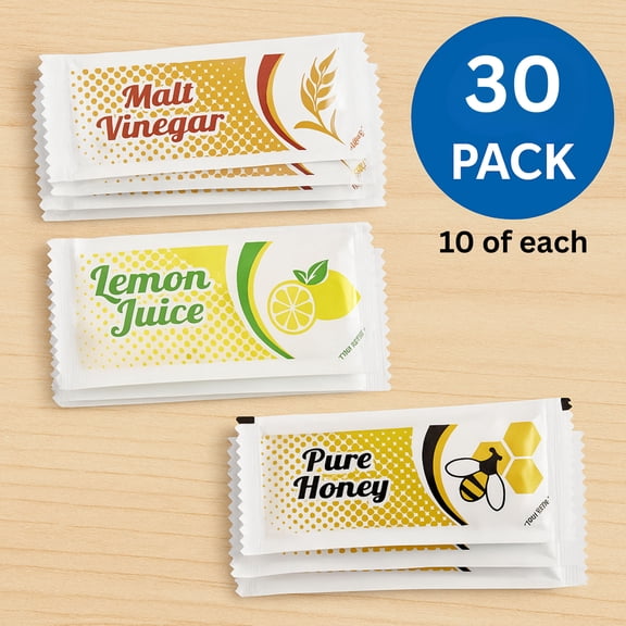 Honey, Lemon Juice & Malt Vinegar Variety Pack – 30 Count (10 of Each) | Single-Serve Condiment Packets for Salads, Tea, Seafood, Travel & Restaurants
