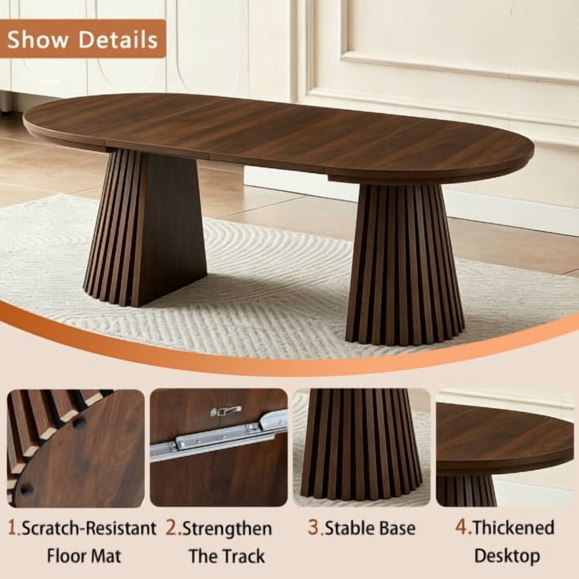 Modern Oval Extendable Wood Coffee Table, Slatted Legs, Multi-Functional Center Table for Living Room or Office, 31.5"–55.12" L, Walnut