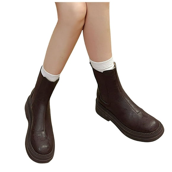 Platform Slip on Chelsea Boots for Women Classic Winter Fall Leather Chunky Mid Calf Short Booties Brown