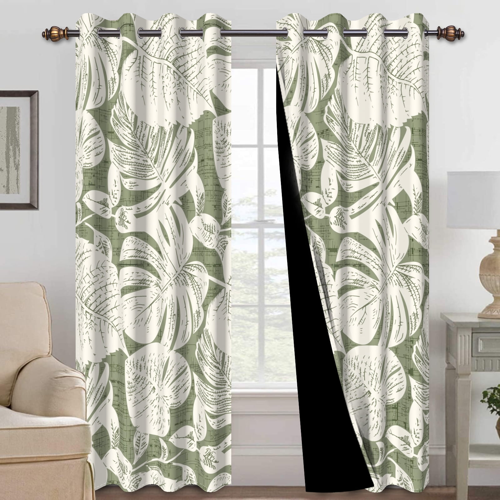 Green Curtains for Living Room,Palm Leaves White Blackout Curtains Drapes for Bedroom Panel Sets, 42x63 Inch