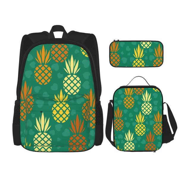 Easygdp Pineapples1 Mochila para Niños y Niñas con Set de Caja de Almuerzo y Estuche para Lápices 3 en 1, Mochila Escolar Estampada para Adolescentes