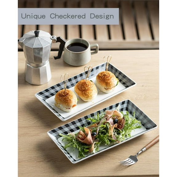Checkered Serving Platters, 12 Inch Porcelain Dinner Plates Set of 4, Black & White for Entertaining, Cheese, Cupcakes, Cookies