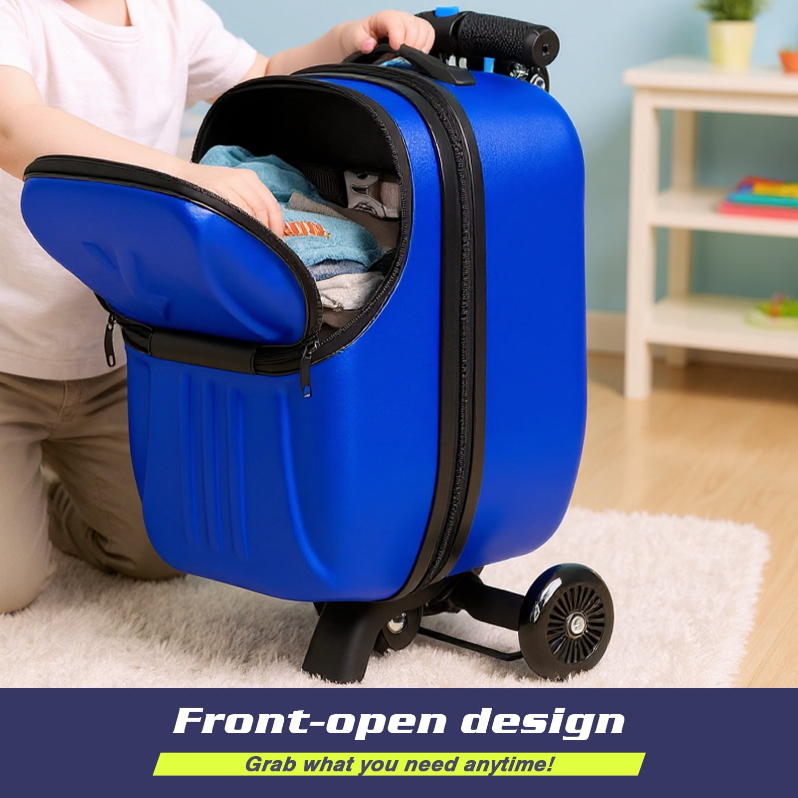 Advwin Scooter Suitcase with Top Opening & LED Light-up Wheel, Lightweight Hardshell Foldable Ride-On Luggage with Adjustable Handle for Travel, Blue