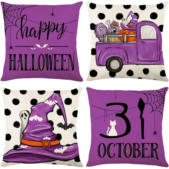 Purple Halloween Linen Pillow Covers Pumpkin Bat Spider Decorative Throw Pillow Cover Holiday Cushion Case for Sofa Couch, Set of 4, 18x18 inch