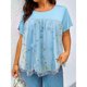 thumbnail image 2 of Blusa extragrande con cuello redondo de encaje Blusa extragrande de manga corta de encaje de doble capa para mujer Lady Girl Azul claro 4XL, 2 of 6