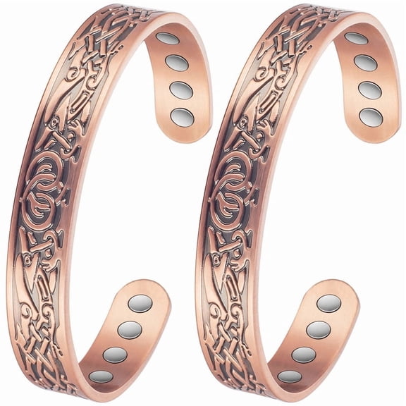 Wollet 2 Pack Celtic Pattern Pure Copper Magnetic Cuff Bangles for Men Women, Copper Jewelry Gift for Mom Wife, 6.7in × 0.5in