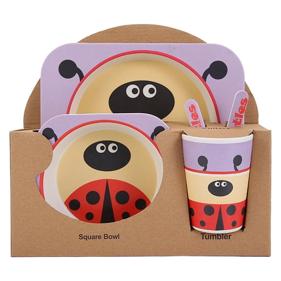 5Pcs/Set Bamboo Kids Dinnerware Set - Children Dishes - BPA Free Food Plate Bowl Cup Spoon Fork Set Dishware, Cartoon Tableware - Owl