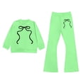 thumbnail image 2 of Girls 2 Piece Summer Outfits Ribbed Striped Short Sleeve T-Shirt & Elastic Waist Wide Leg Pants with Bow Details Casual Clothes for Kids Green Size 6-7 Years, 2 of 4
