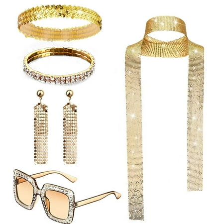Ediodpoh 5 Piece Disco Accessories 70s Women Glitter Jewelry 70s Retro Party Accessories Women 80s Sequins Tassel Earrings Headband Rhinestone Bracelet Necklace Womens Scarves Gold