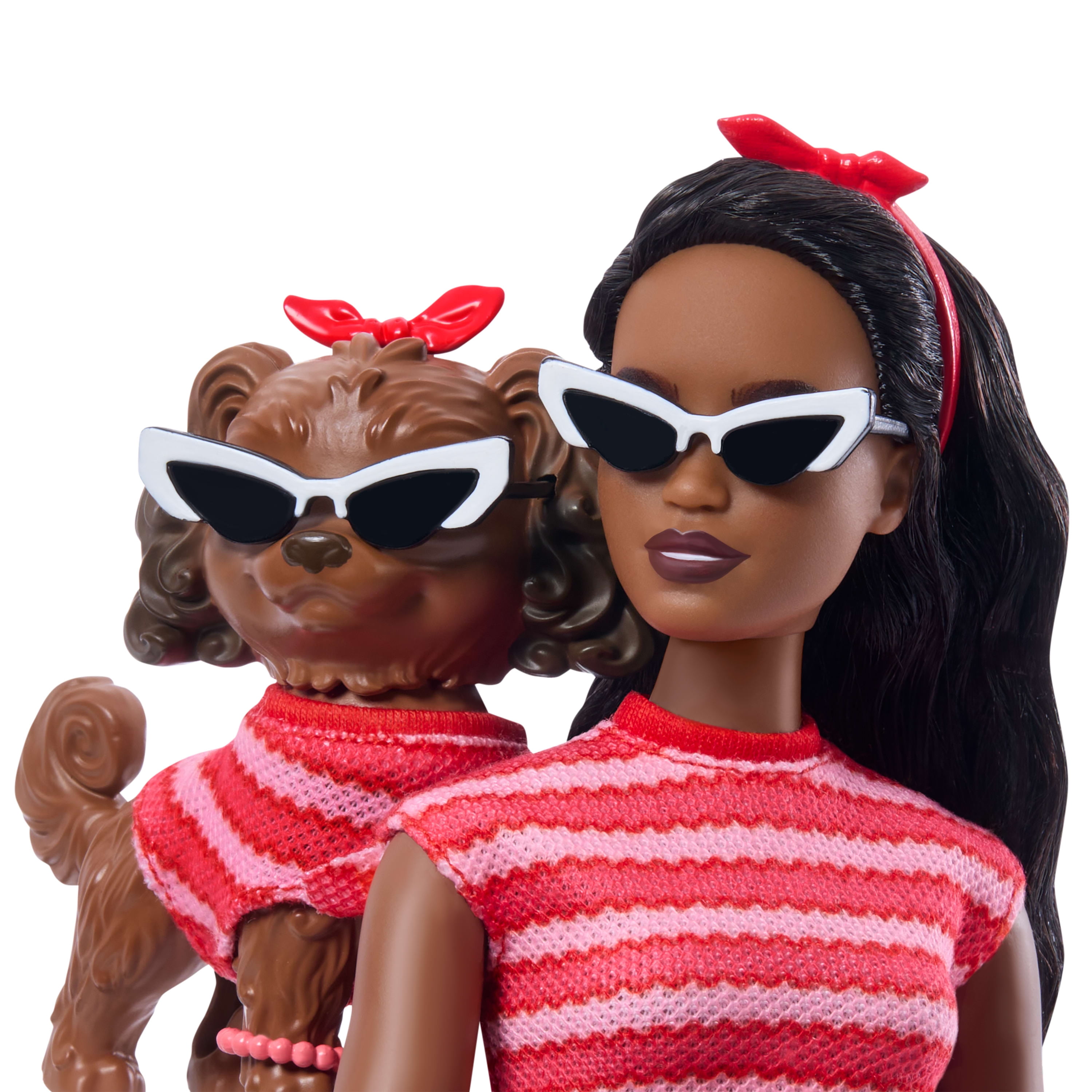 Barbie Twinning Looks Fashion Doll with Pet Dog, Matching Red Clothes & Accessories, Black Hair