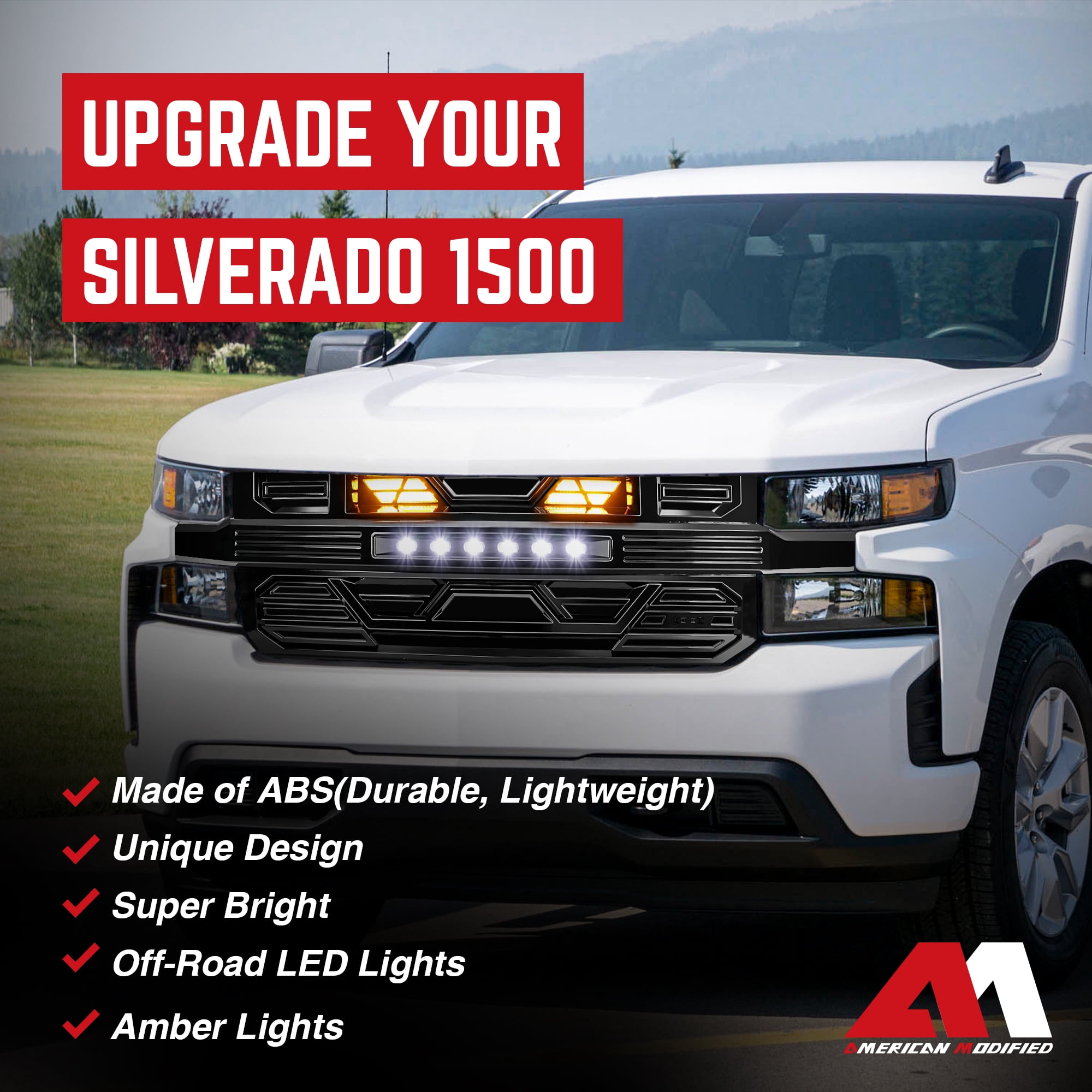 AMERICAN MODIFIED Grille w/LED for 19-21 Chevy Silverado 1500, Glossy Black