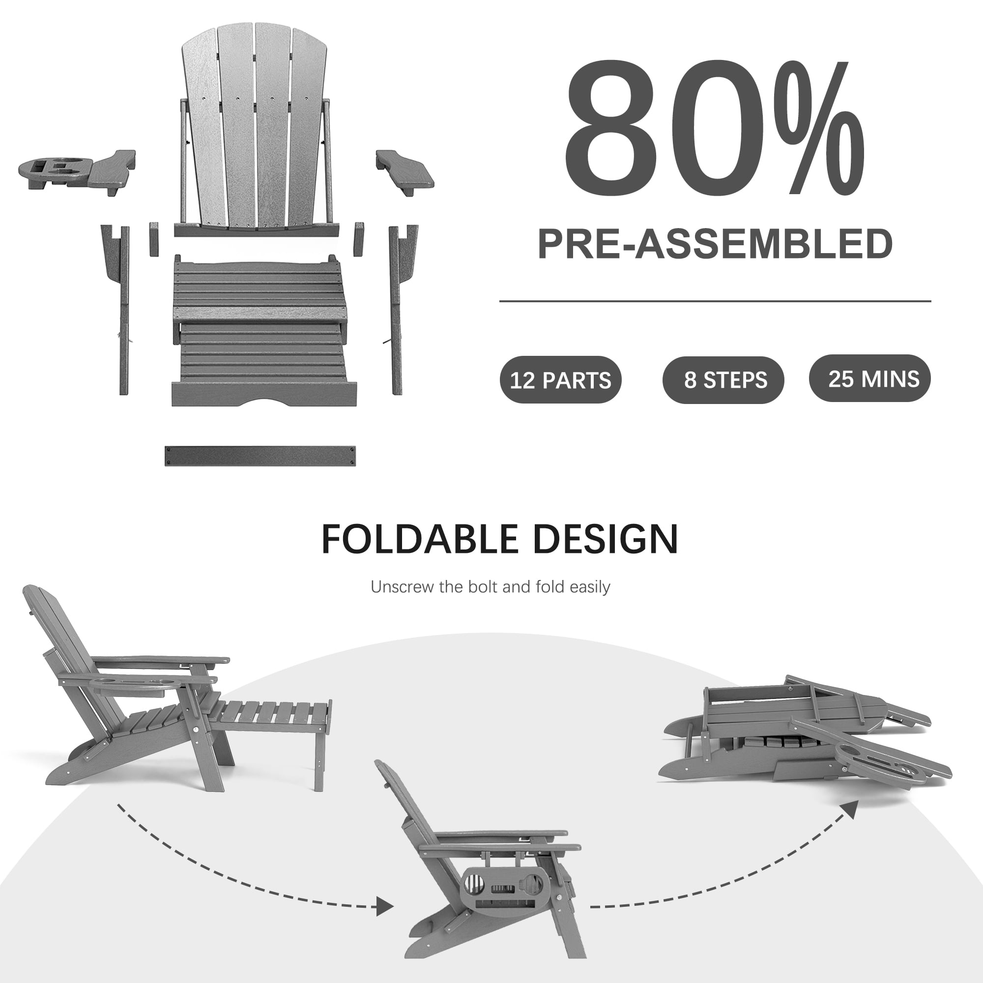 2PCS Folding Adirondack Chair with Retractable Ottoman, HDPE All-Weather Resistant Adjustable Backrest Adirondack Chair w/4 in 1 Cup Holder Trays, Wood Texture Grey