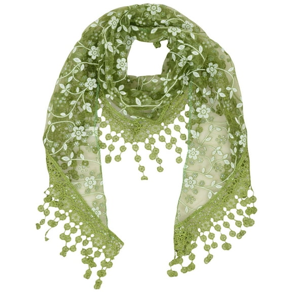 Lightweight Lace Floral Head Scarf Fringe Triangular Shawl Scarf Wrap Bandana for Women- One Size Fits Most, Green