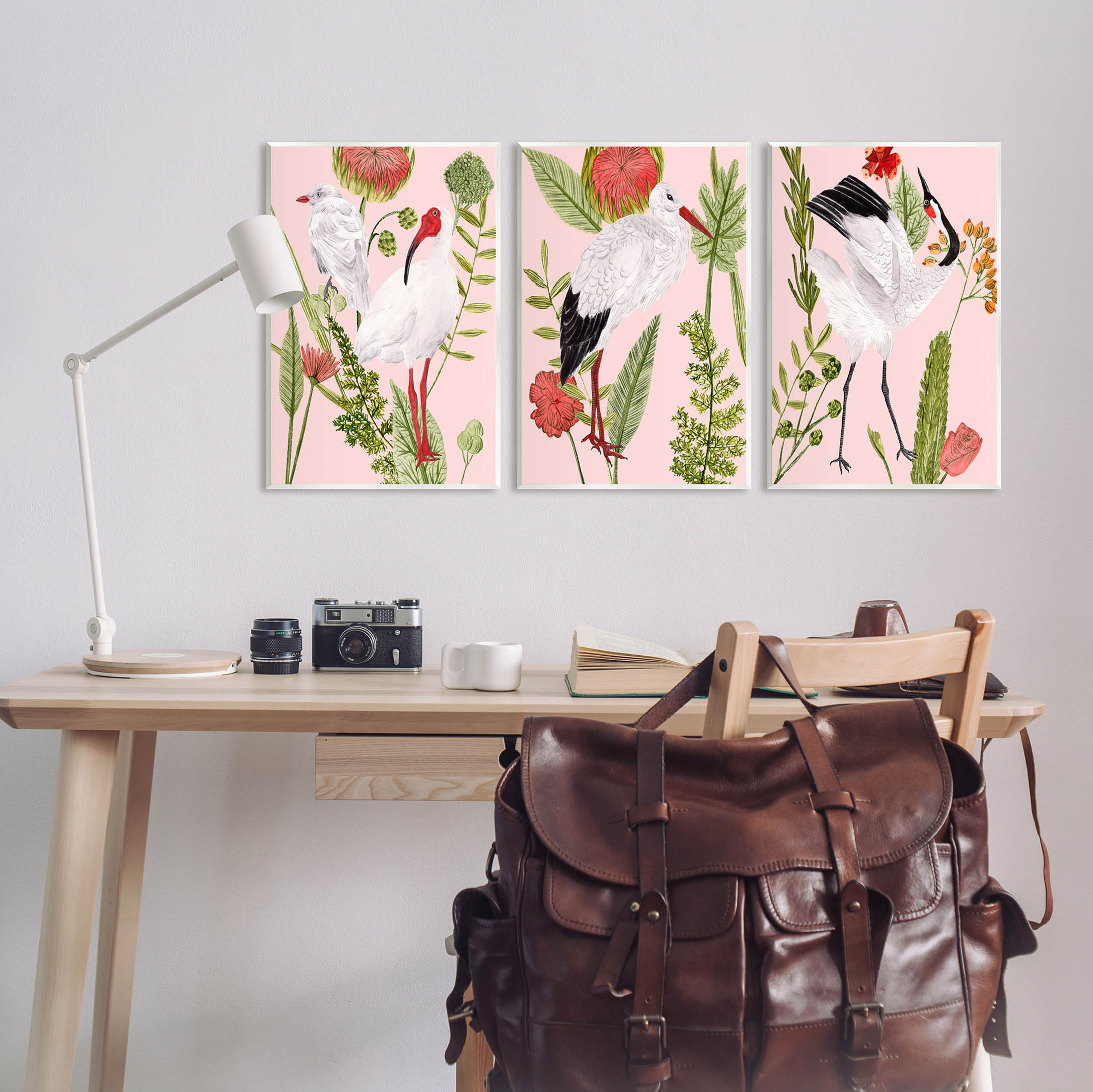 Stupell Industries Crane Bird Pink Botanicals Graphic Art Unframed Art Print Wall Art, Set of 3, Design by Melissa Wang