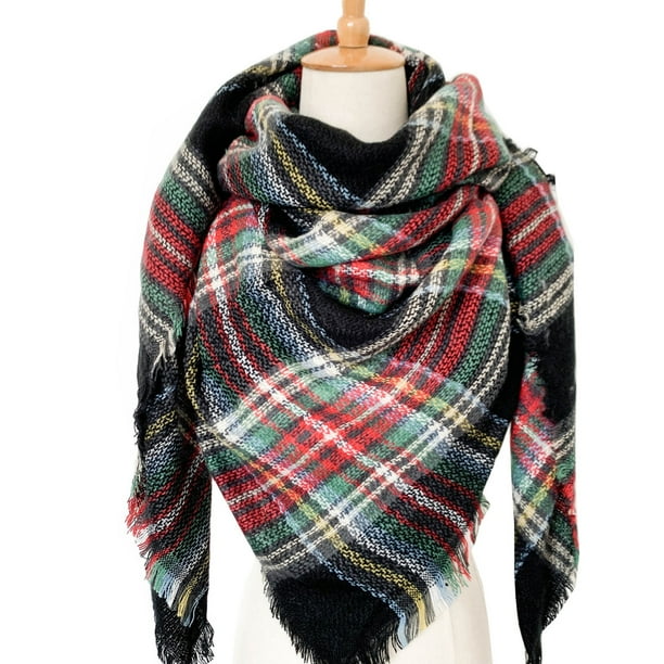 Bufanda de cuadros para mujer, imitación de cachemira, doble bufanda de cuadros multicolor, chal cuadrado para mujer
