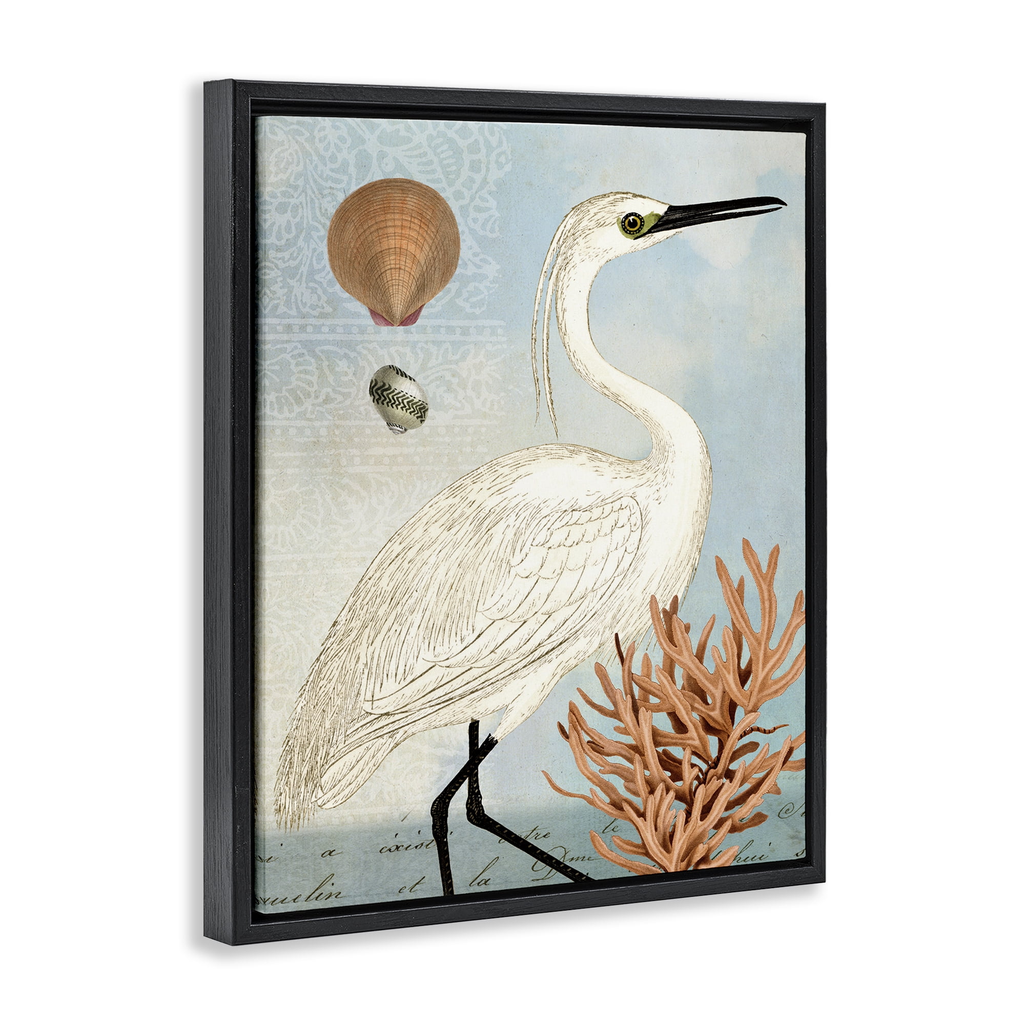 Stupell Industries Maritime Egret & Coral Animals & Insects Painting Black Floater Framed Canvas Art Print Wall Art, 17 x 21