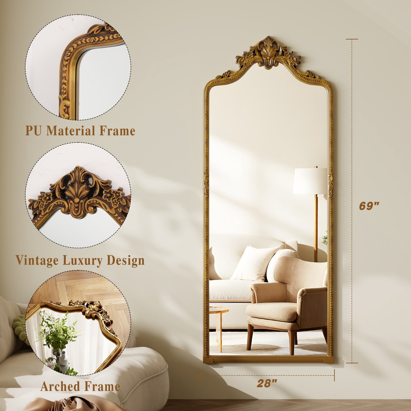 SHATTERVIEW 69"x28" Arched Full Length Mirror Baroque Style Floor Decor Mirror, Antique Gold