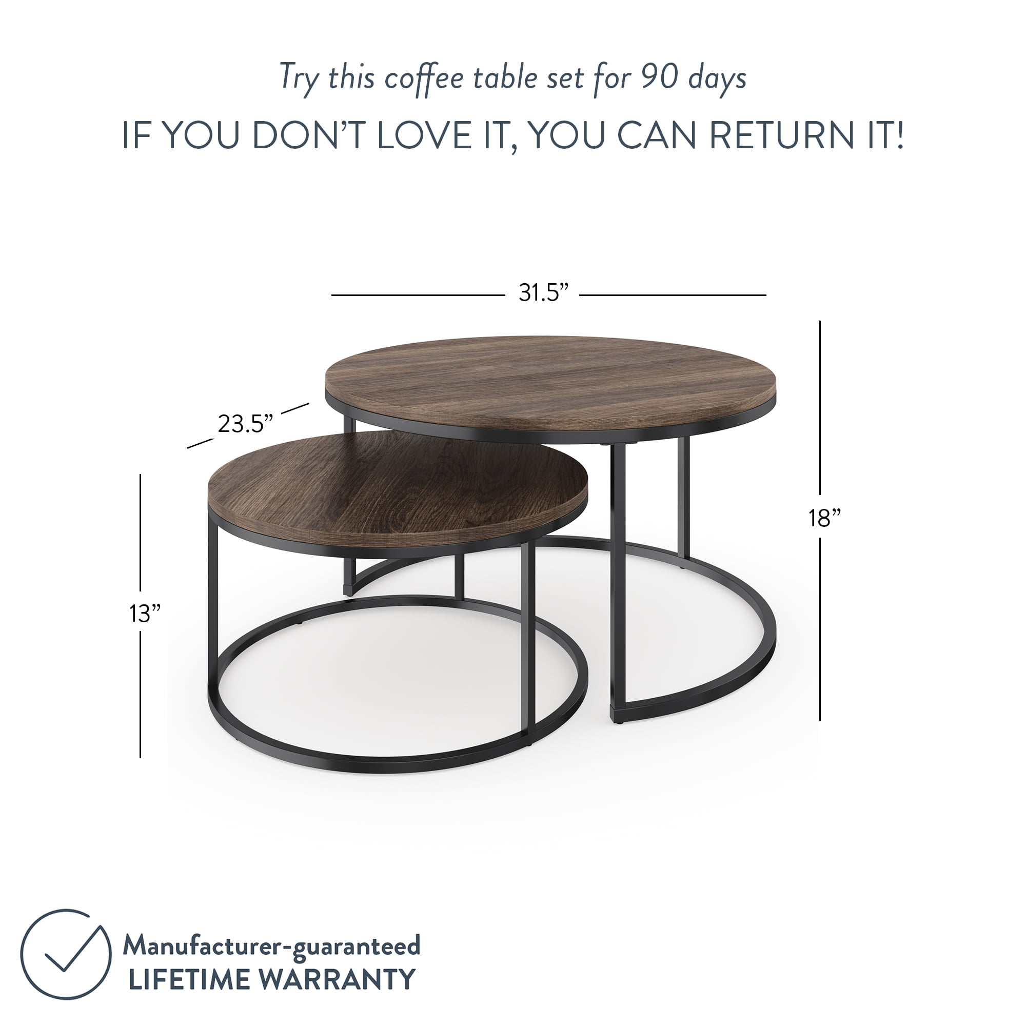 Nathan James Stella Round Nesting or Stacking Coffee Table Set of 2 Wood Finish Metal Frame, Warm Nutmeg/Black