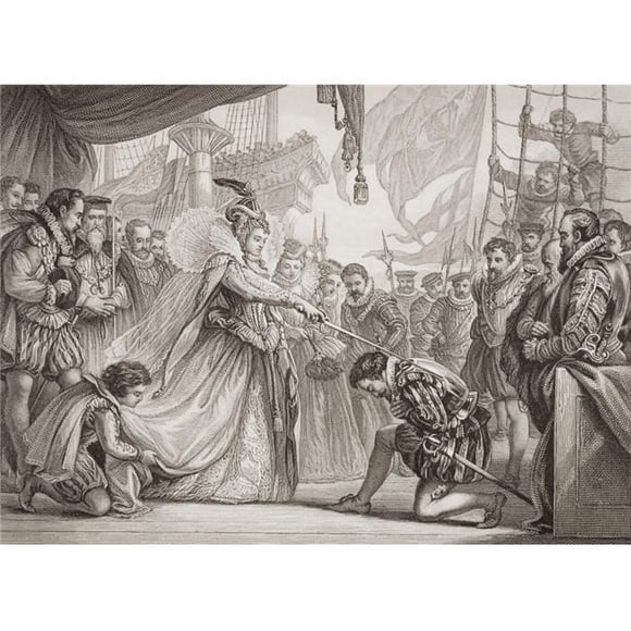 Queen Elizabeth I Knighting Drake On Board The Golden Hind At Deptford, 4th April 1581 Engraved by F. Fraenkel After Sir. John Gilbert From The Book -Illustrations of English & Scottish History Vo