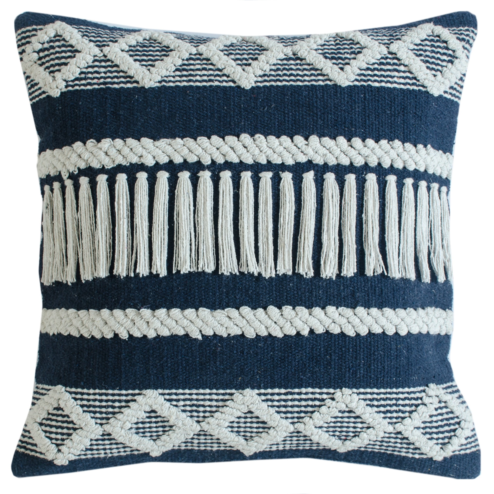 Laddha Home Designs Handwoven Diamond Striped Cotton Throw Pillow Cover - 20" - Blue and White