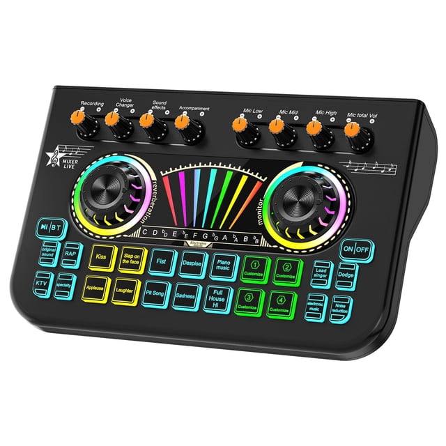 Audio Mixer, Sound Board for Pc/Phone Live Streaming Gaming, Audio Interface for 3.5mm/6.35mm Dynamic Microphone, Live Sound Card