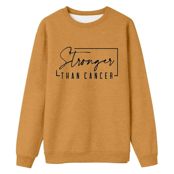 Arlun Womens Stronger Than Cancer Sweatshirts Letter Printed Breast Cancer Awareness Pullovers for Women Crewneck Long Sleeve Support Squad Hoodless Sweatshirt Yellow XL