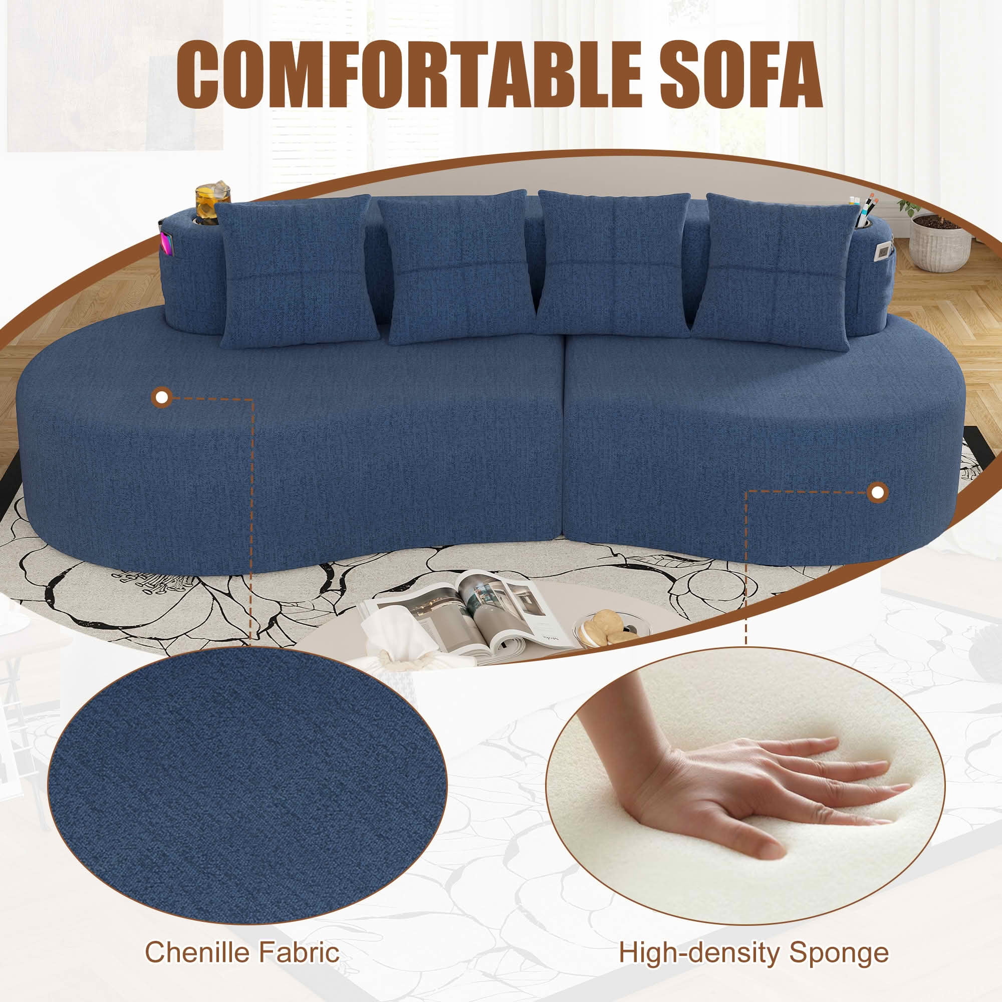 MAYEERTY Curved 3-Seat Modular Sectional Sofa, Minimalist Half Moon Chenille Couch for Living Room & Apartment
