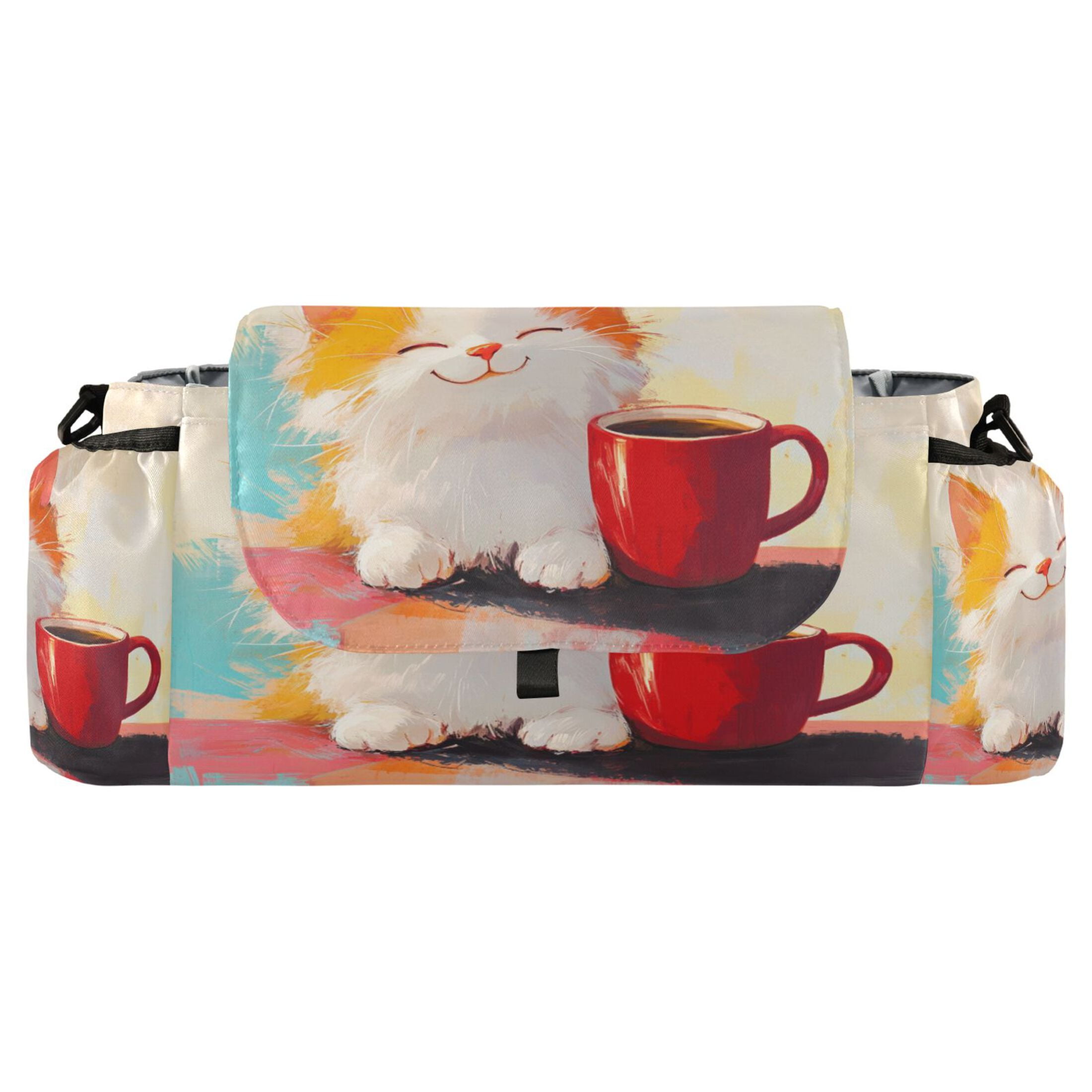 DIXRUYEE Stroller Organizer Joyful Kitty with A Mug Printed