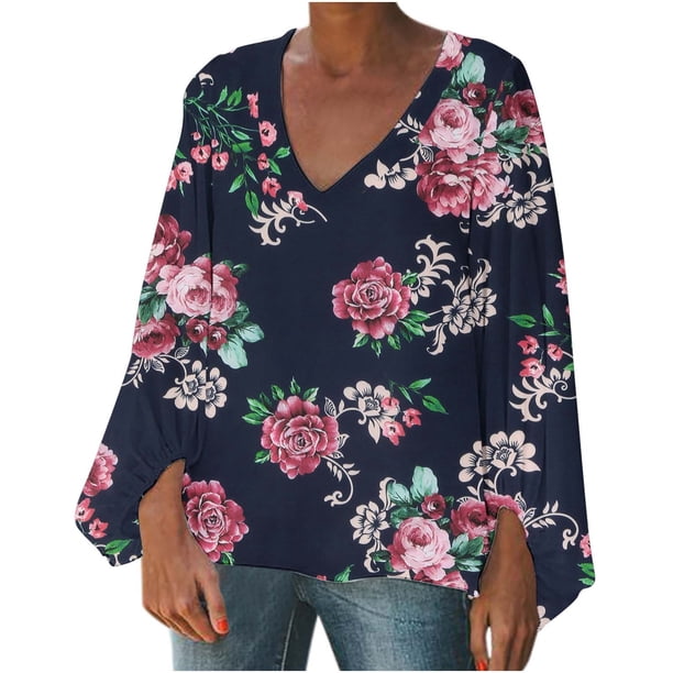Blusa de camiseta estampada de manga larga con cuello redondo informal a la moda para mujer Pompotops FGAJ14472